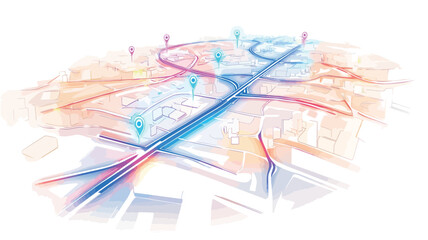 Fototapeta premium The image is an abstract illustration depicting a city map. The map uses a stylized, almost 3D perspective, showing a network of roads and streets represented by lines and curves in blue, red, and