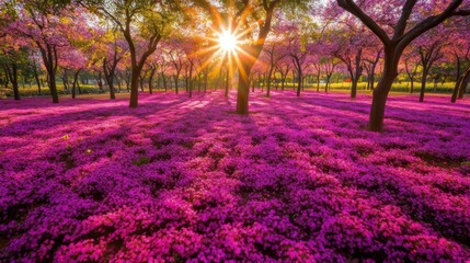 Naklejka premium A serene Garden with Blossom, showcasing a dreamy pink fantasy landscape adorned with butterflies, captures the essence of spring's beauty, a blend of nature's elements, idea place for wedding, event 