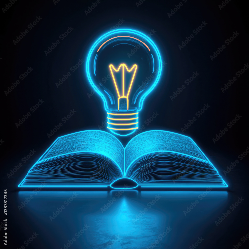 Poster neon light book with glowing bulb symbolizes knowledge and creativity, illuminating ideas in dark sp