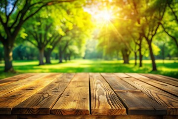 Rustic Wooden Tabletop Against Blurred Green Park Background - Perfect Product Display