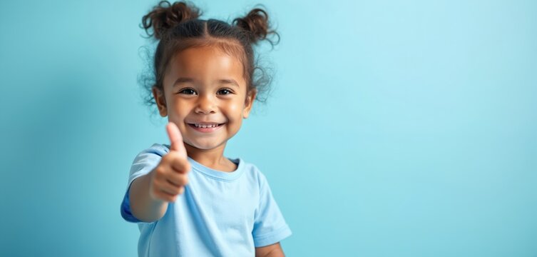 Happy biracial little girl smiles giving thumbs up gesture on blue background. Cheerful child approves, recommends product, expresses positivity, agrees with choice. Promotion banner, children