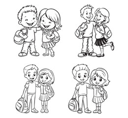 Set of Cute Cartoon School Kids Illustration, Happy Boy and Girl Schoolmates, School Life Cartoon Drawings line art vector.