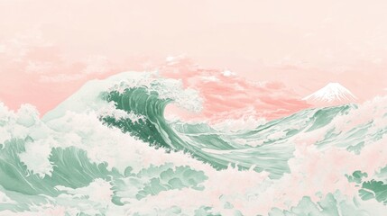 Pastel-toned ocean waves crashing against a pink sky
