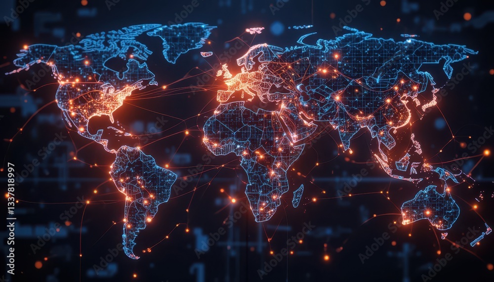 Poster futuristic global network map with connections and data visualization