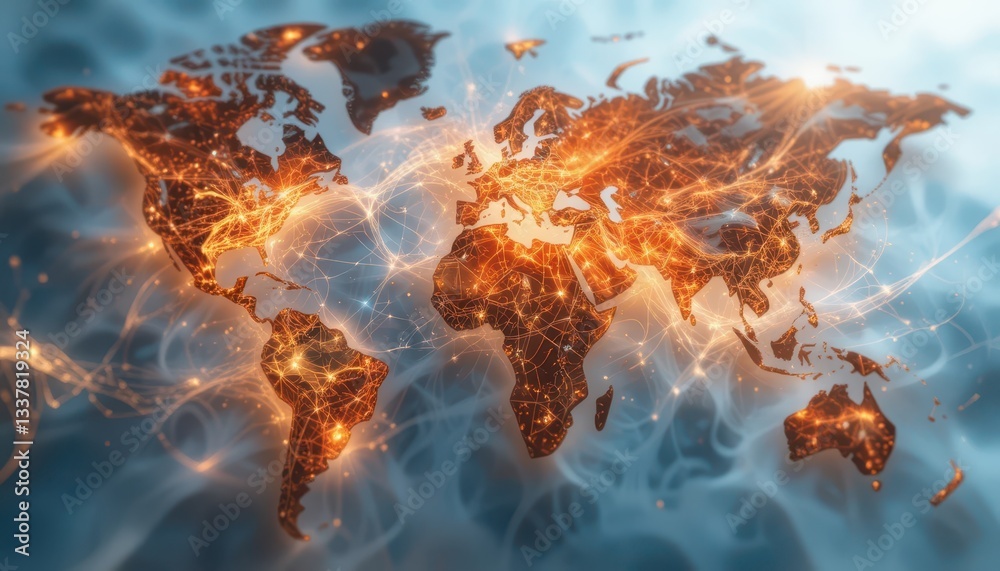 Poster global network connection with bright lines over world map design