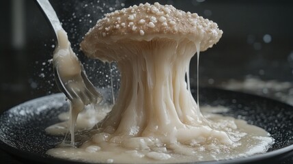 A dripping, gooey dessert, a culinary explosion of sweet, viscous delight.  A fork pierces the top of the cascading confection,  surrounded by a shower of powdered sugar