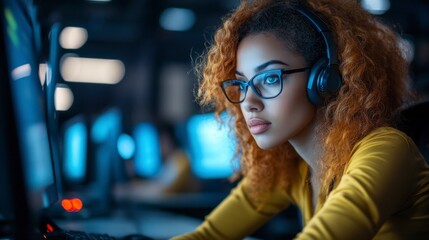 Focused young woman with curly hair wearing glasses and headphones, working on a computer in a dimly lit room.