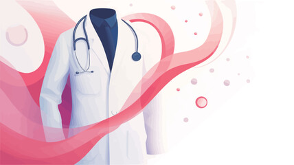 A digital illustration depicting a white medical lab coat with a stethoscope draped over it. The coat is presented centrally, and it's overlaid with abstract, flowing, pink curves and small,