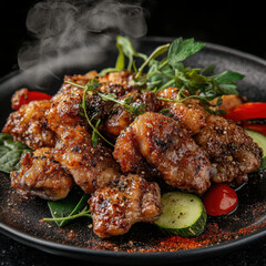 A plate of crispy garlic and black pepper fried chicken