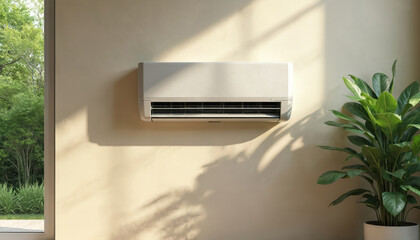 Modern air conditioner mounted on wall near window overlooking green garden, plant. Sunlight, shadows. Energy efficient AC unit cools room, providing comfort, fresh ventilation, maintaining healthy