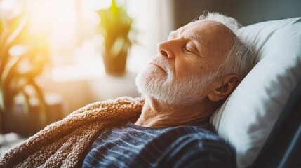 Senior man with gray hair and beard peacefully sleeping in bed, sunlight streaming in from a window. He is covered with a beige blanket.