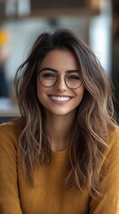 Obraz premium Smiling young woman with long brown curly hair wearing round glasses and a mustard yellow sweater, portrait style.