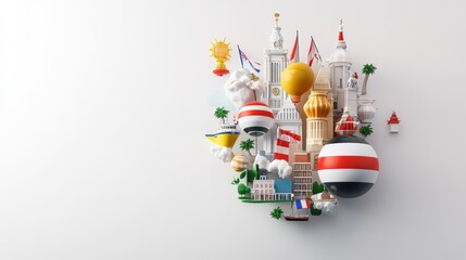 Obraz premium Colorful 3D Cityscape Design with Landmarks and Hot Air Balloons