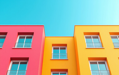 Obraz premium Brightly colored apartment facade featuring pink and yellow walls, showcasing modern architecture against clear blue sky. vibrant colors create cheerful atmosphere