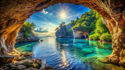 Serene Coastal Cave Entrance: Crystal Clear Water & Breathtaking Ocean View Stock Photo