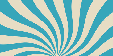 Retro vintage spiral wavy sun rays, blue background pattern, radial spiral stripes, comic ray stripes, grunge texture, circus, carnival, summer background, vector illustration.