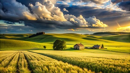 Fototapeta premium Serene Farmland: Rolling Green Hills, Golden Wheat Fields under Cloudy Sky
