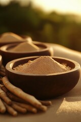 Ashwagandha Powder and Roots in Wooden Bowls, Natural Ayurvedic Supplement