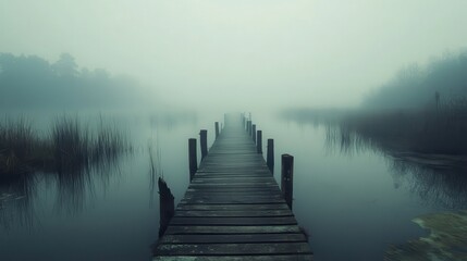 Foggy lake pier, misty morning landscape, serene