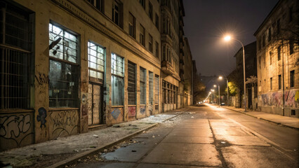 Fototapeta premium City street at night with broken windows and graffiti on walls, symbolizing urban violence and the impact of social issues on community environments.