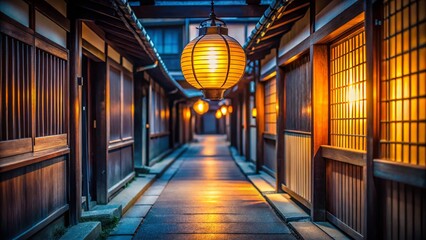 Fototapeta premium Serene Japanese Corridor: Traditional Lantern Glow, Peaceful Tranquility, Cultural Heritage