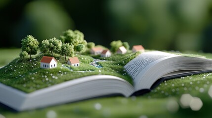 Miniature village nestled on an open book, surrounded by lush green grass and trees