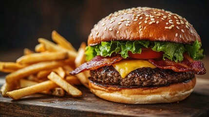 Delicious Gourmet Burger with Melted Cheese and Crispy Lettuce