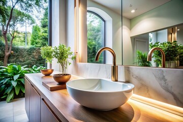 Serene Modern Bathroom: Curved White Sink & Bronze Faucets - Stock Photo