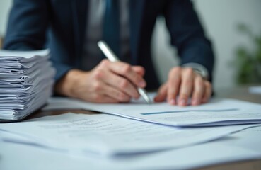 Close-up shot of person writing on paperwork pile. Document management, hard work, diligence concept. Businessman signs documents. Paperwork in office environment, manual processing, efficiency,