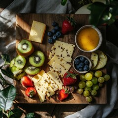 A wooden board filled with assorted cheeses, fruits, and a honey-mustard dipping sauce.  Slices of kiwi, strawberries, grapes, and blueberries are arranged with different types of cheese