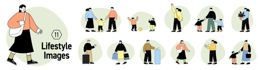 ライフスタイルシーンのベクターイラストセット。買い物をしたり、家族で出かけている楽しい雰囲気のフラットデザインイラスト。