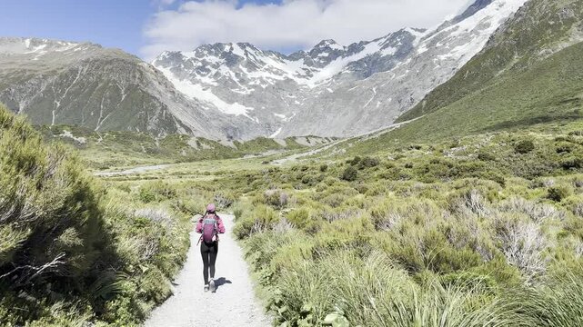 backpacker girl hikes in very popular hooker valley track in Mount Cook national park, New Zealand, South Island, canterbury. Most beautiful and often visited short walking tracks in New Zealand