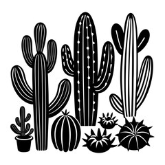 Set of cactus in engraving style vector illustration.Cactus hand drawn sketch imitation.
