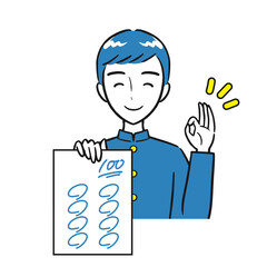 笑顔で100点を取ったテストを見せる男子学生（シンプル）