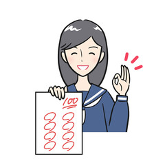 笑顔で100点を取ったテストを見せる女子学生