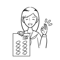 笑顔で100点を取ったテストを見せる女子学生（線画）
