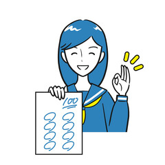 笑顔で100点を取ったテストを見せる女子学生（シンプル）