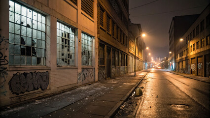 City street at night with broken windows and graffiti on walls, symbolizing urban violence and the impact of social issues on community environments.
