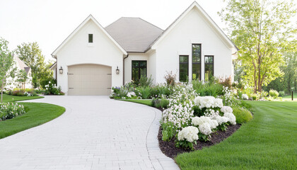 Stylish suburban home with elegant driveway and beautiful landscaping, featuring lush greenery and vibrant flowers that create welcoming atmosphere