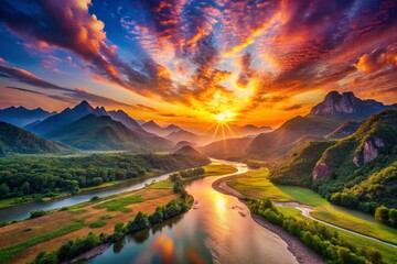Serene Sunrise: Majestic Mountain River Landscape Photography