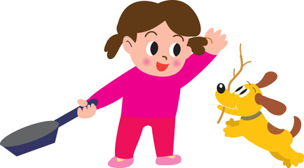 キャンプでフライパンを持つ女の子と犬
