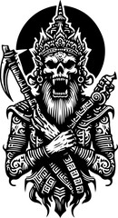 vector sketch illustration silhouette design icon logo zombie skull vintage with classic ethnic traditional carving details  
