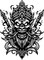 vector sketch illustration silhouette design icon logo zombie skull vintage with classic ethnic traditional carving details 