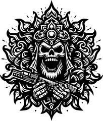 Fototapeta premium vector sketch illustration silhouette design logo icon symbol zombie skull ethnic traditional vintage with classic carved details 