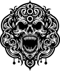 vector sketch illustration silhouette design icon logo symbol zombie skull vintage with classic engraving details