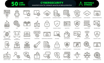 Cybersecurity and data protection icon set. Thin line editable stroke icons for network security, privacy, GDPR compliance, cyber threats, IT solutions, and secure technology