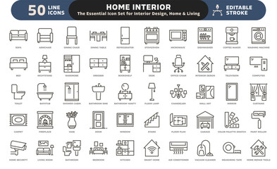 Home interior and furniture icon set. Thin line editable stroke icons for interior design, decoration, home styling, appliances, renovation, architecture