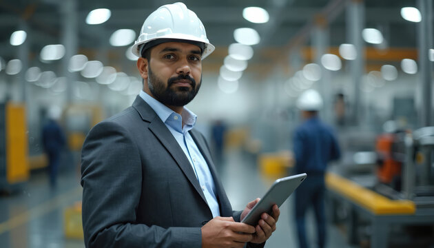 Indian male manager in hardhat suit monitors factory floor using tablet. Supervisor oversees manufacturing production process control with technology, engineering, safety. Man inspecting plant