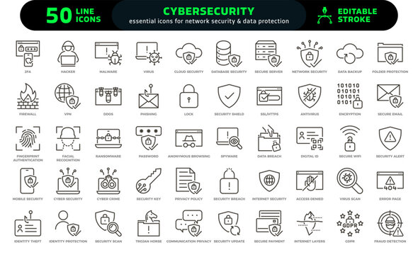 Cybersecurity and data protection icon set. Thin line editable stroke icons for network security, privacy, GDPR compliance, cyber threats, IT solutions, and secure technology