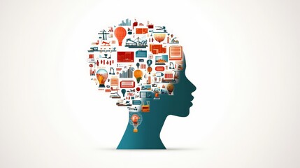 Creative Silhouette of Woman's Head Filled with Colorful Icons